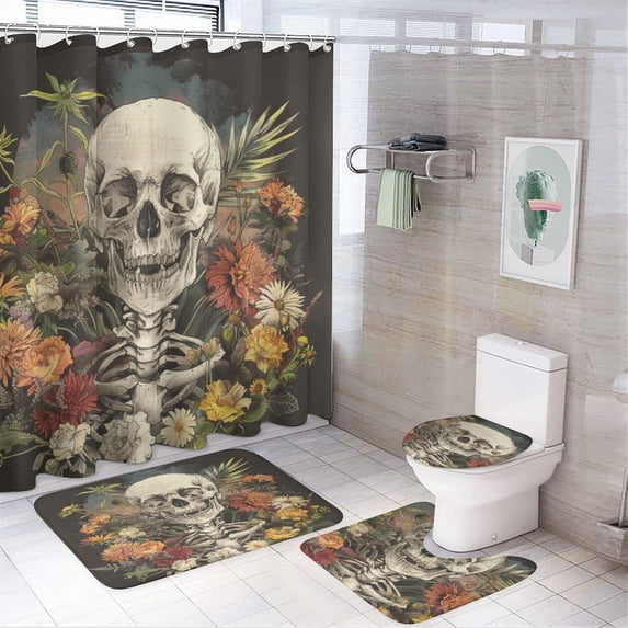 Skull Flowers Illustration 4 Pcs Bathroom Shower Curtain Set, Bathroom Sets with Rugs (Bath Mat, U Shape and Toilet Lid Cover Mat) and 12 Hooks,