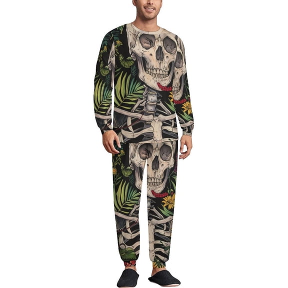 Skull Flowers Illustration Men's Pajama Set Sleepwear Pjs Lightweight Long Sleeve Crewneck Shirts and Bottoms Soft Comfy Sleep Sets M