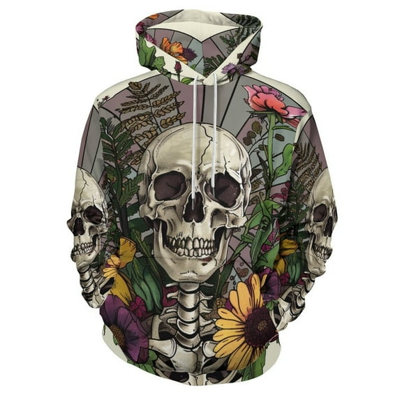 Skull Flowers Illustration Regular Fit Hoodie, Sporty Pullover Hooded Sweatshirt for Men Women S