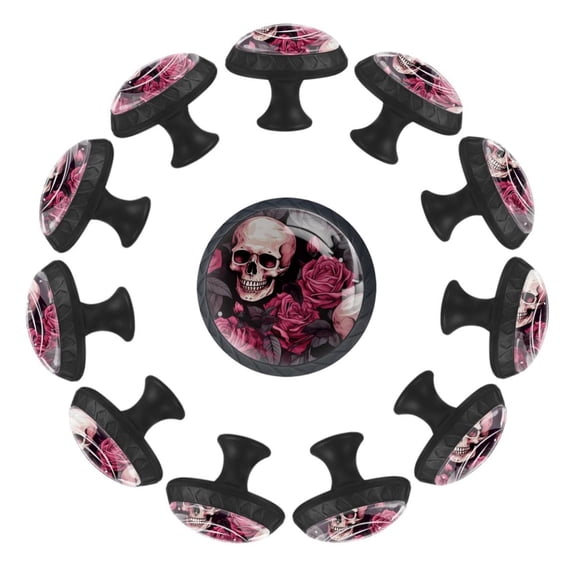 Skull with Flowers Rose Pattern 35MM Round Glass Cabinet Knobs, Kitchen Knobs for Drawer Dresser Cupboard Wardrobe Modern Pulls Handles Hardware, Set of 12