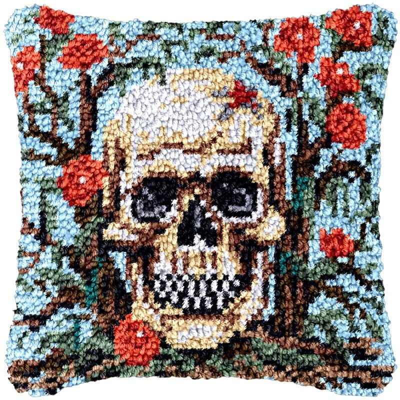 Skull Flowers Tree Latch Hook Pillow Cover Kits for Needlework Cushion Throw Pillow Cross Stitch Crochet Hook Pillowcase Rug Kits Printed Canvas Crochet Yarn Kits Needlework 17'' X 17''