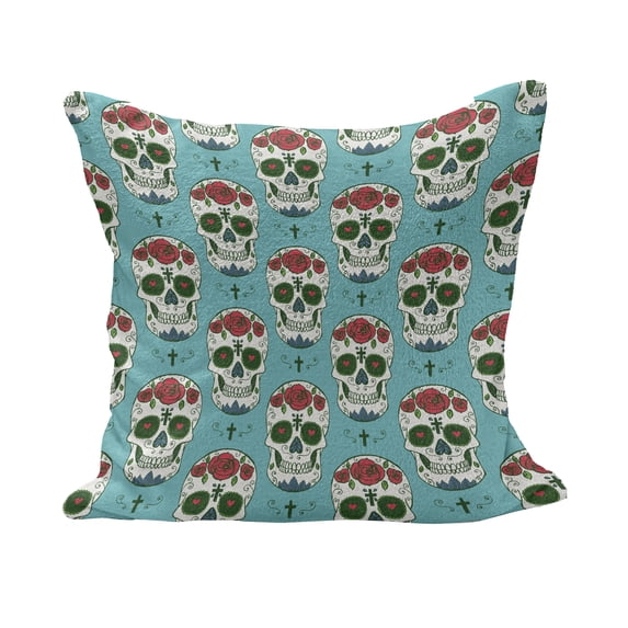 Skull Fluffy Throw Pillow Cushion Cover, Oriental and Roses on Skull South American Culture Vintage Style, Decorative Square Accent Pillow Case, 18" x 18", Seafoam Green and Ruby, by Ambesonne
