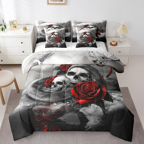 Skull Full Comforter Set 7 Piece,Red Rose Skull Goth Bedding Set Black White Skull Snake Bed In A Bag With Sheets For Adults Men Women Room Decor,Watercolor Flower Branch Bed Set