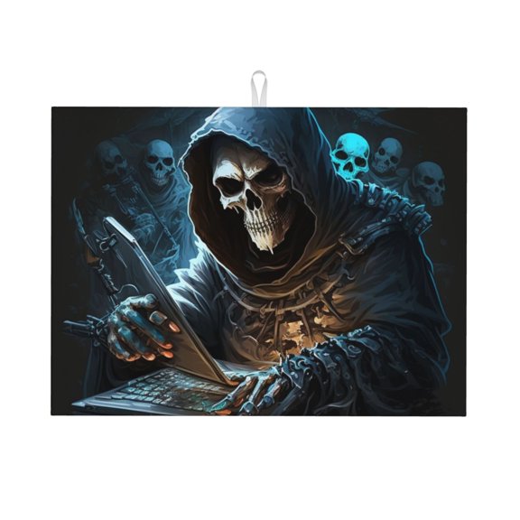 Skull Funny Grim Reaper Play Games Large Kitchen Drying Mat 18x24 Inch Ultra Absorbent Dish Drying Mats Foldable Countertop Protector