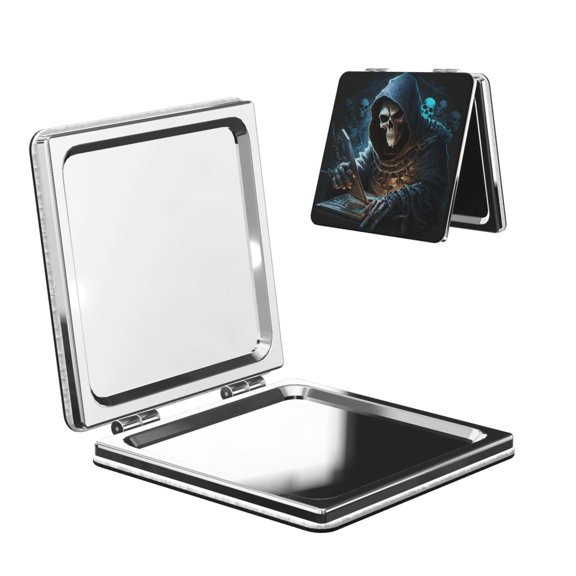 Skull Funny Grim Reaper Play Games Portable Double-Sided Face Mirror Square, Magnifying Compact Pocket Mirror with PU Leather Cover