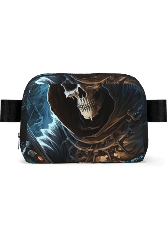 Skull Funny Grim Reaper Play Games Square Fanny Pack Fashion Belt Bag with Adjustable Strap Crossbody Chest Bag for Travel, Running, Gym