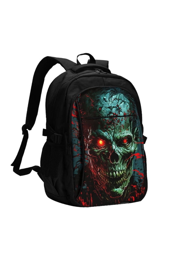 Skull Ghost Zombies Head Red Eyes Cool Laptop Backpack with USB Charging Headphone Port Casual Daypack Bag College Business Travel
