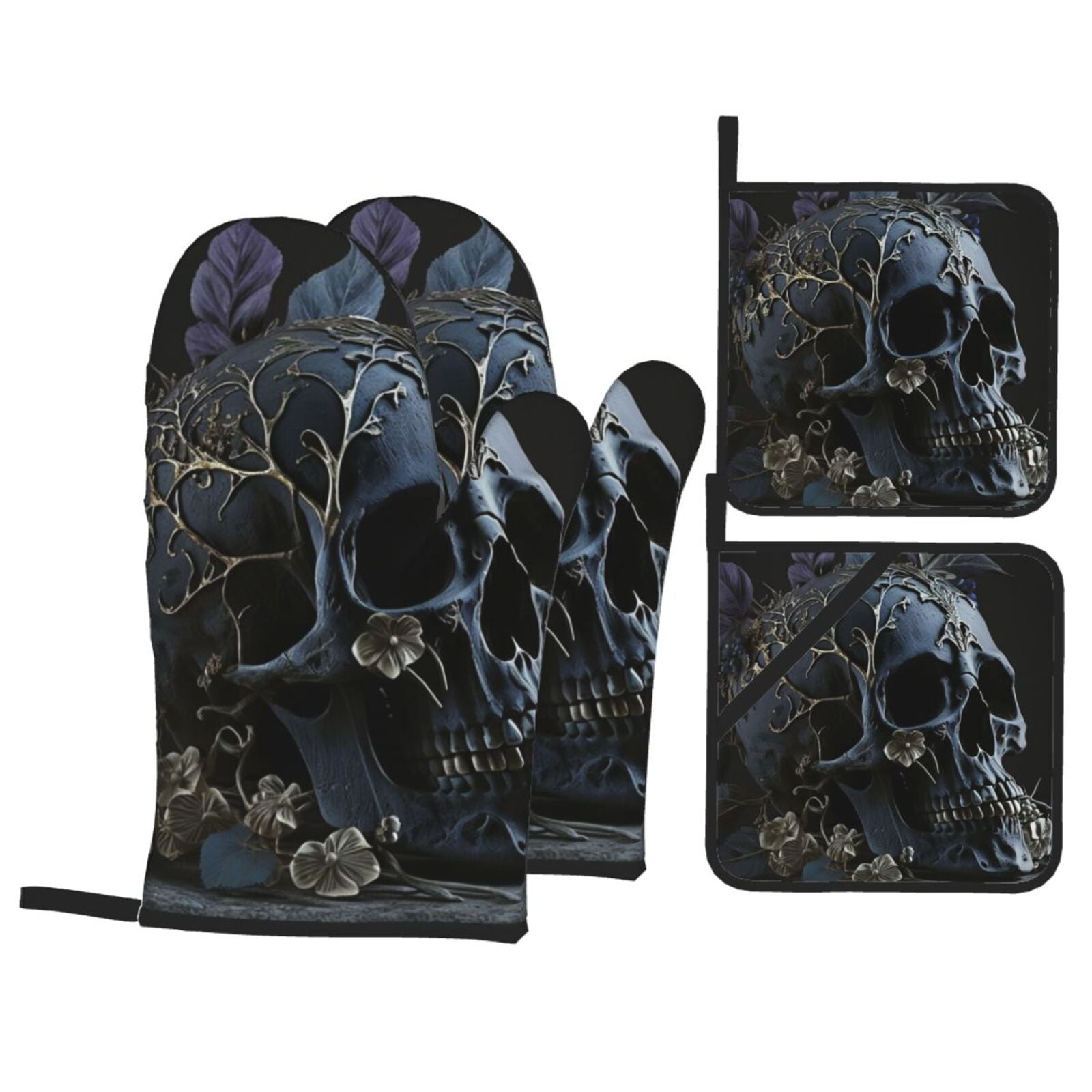 Skull Gothic Bones Witchy 4Pcs Oven Mitts and Pot Holders Sets Oven Kitchen Gloves Hot Pads for Cooking BBQ Baking Grilling