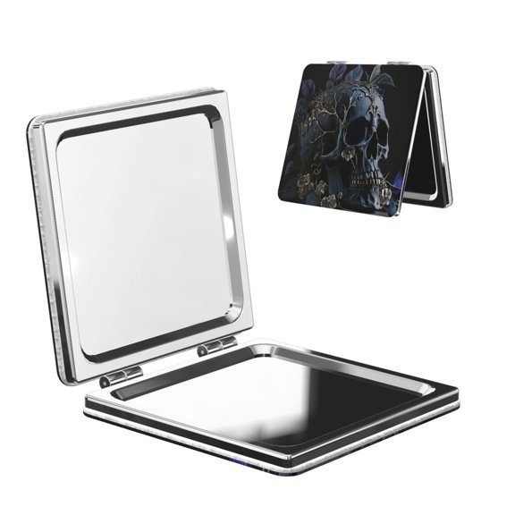 Skull Gothic Bones Witchy Portable Double-Sided Face Mirror Square, Magnifying Compact Pocket Mirror with PU Leather Cover