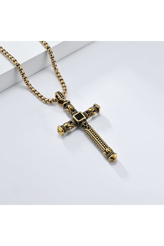 Skull Gothic Cross Necklace for Men Women 14K Yellow Gold Punk Cross Pendant Necklace Jewelry Gift
