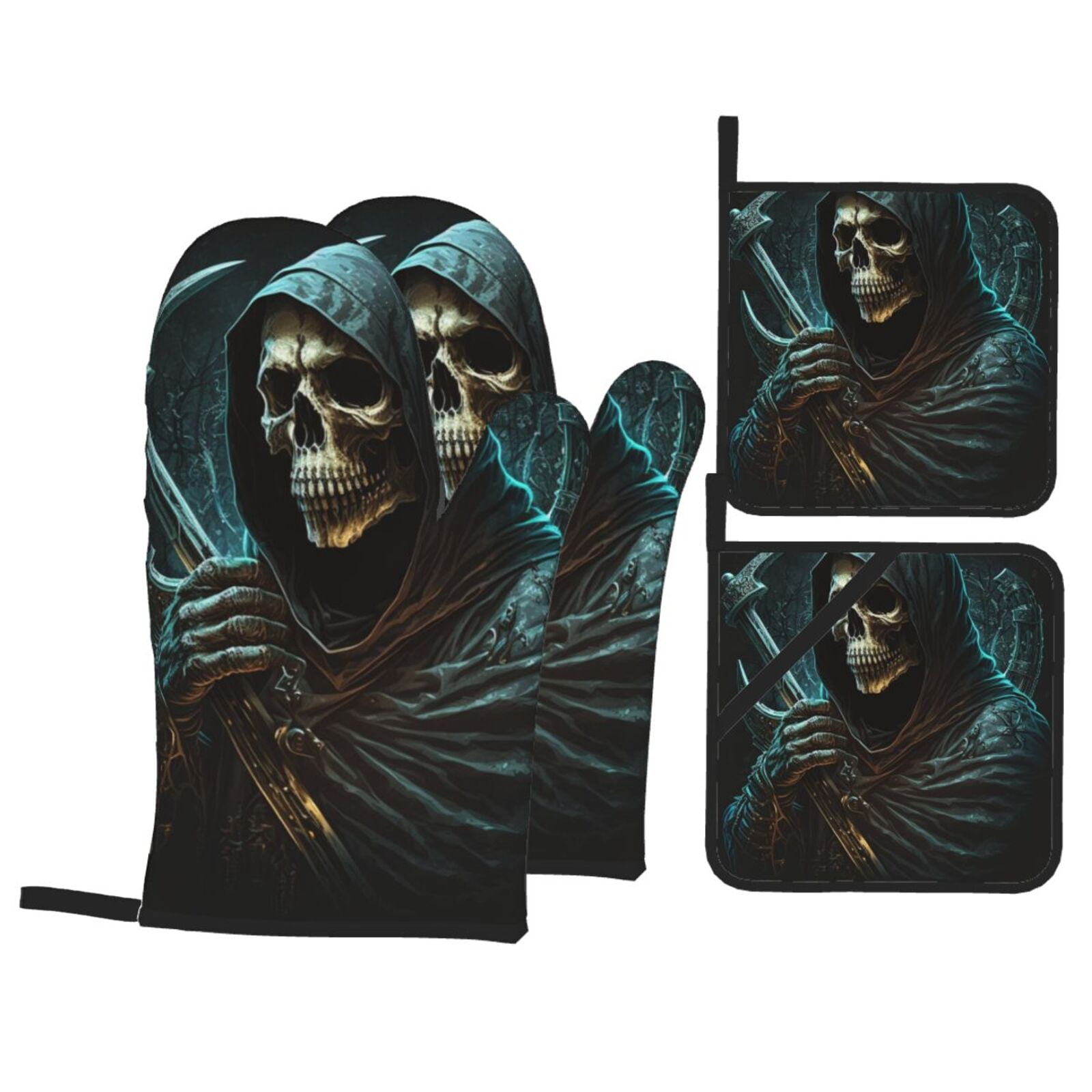 Skull Gothic Death Grim Reaper 4Pcs Oven Mitts and Pot Holders Sets Oven Kitchen Gloves Hot Pads for Cooking BBQ Baking Grilling