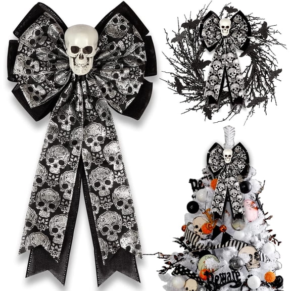 Skull Gothic Decor,Halloween Bows for Wreaths Decorations, Halloween Tree Topper Bow, Decorative Bow with Skull Glitter Silver Black Burlap for Fall Home Front Door Outdoor