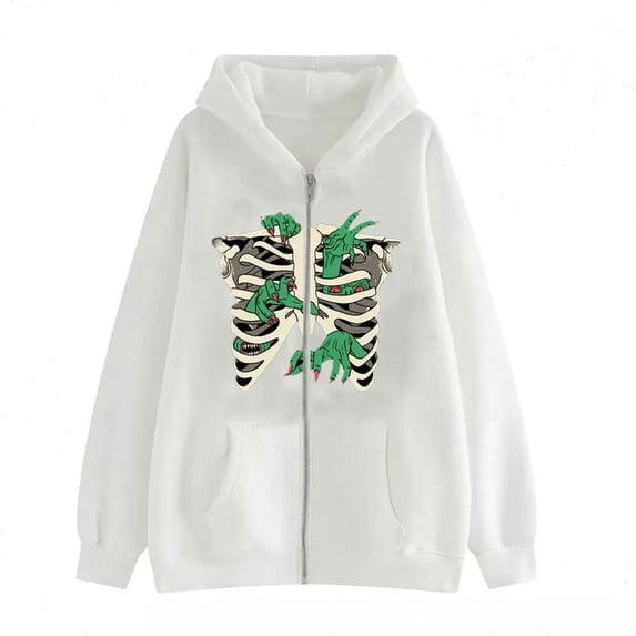 Skull Graphic Hoodie Gothic Style Zip-Up Sweatshirt Unisex Oversized Casual Vintage Pullover
