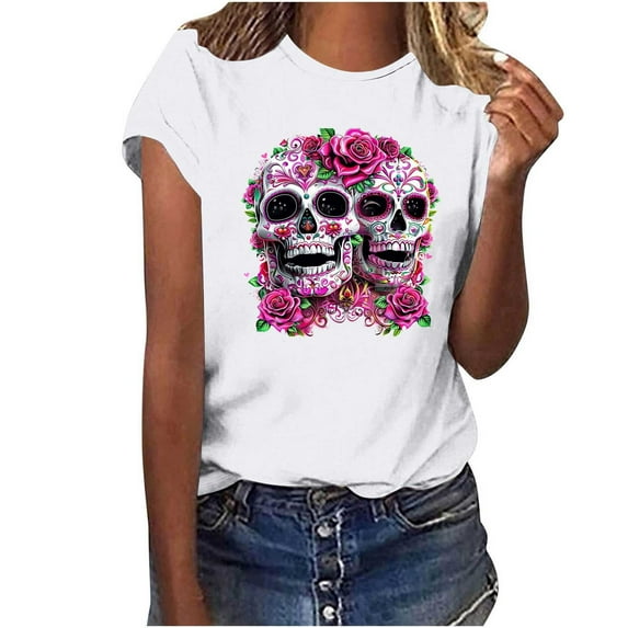 Skull Graphic T Shirts for Women Halloween Shirts Vintage Graphic Tees Funny Flower Printed Cute Summer Tops Casual Loose Blouse Shirts
