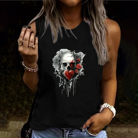 Skull Graphic Tank Tops for Women Plus Size Cadancy,Cotton T-Shirts Crewneck Sleeveless Basic Tees,Cute Summer Blouses Plus Size,Fall Clothes 2025,Ropa Para NiñA,XL