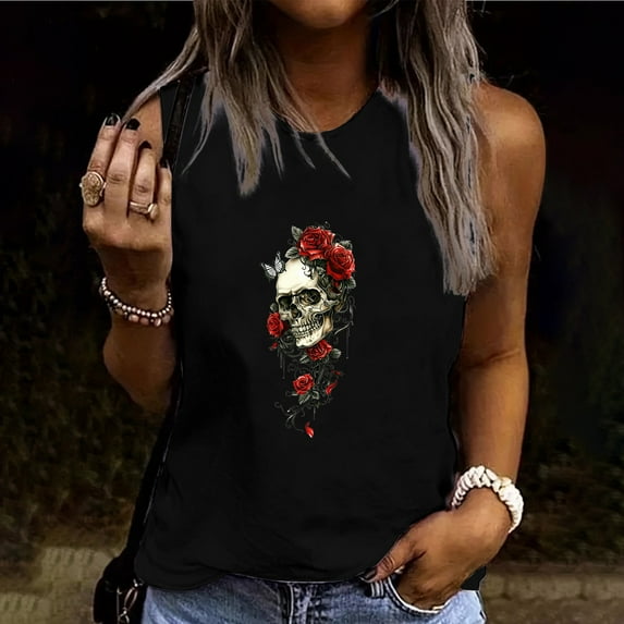 Skull Graphic Tank Tops for Women Plus,Sriper Summer Blouses 2025 Trendy,Vacation Clothes Trendy Shirts Cotton Crew Neck,Memorial Day Gift T Shirt Casual,Cute Clothes,De Mujer Para,Black XL