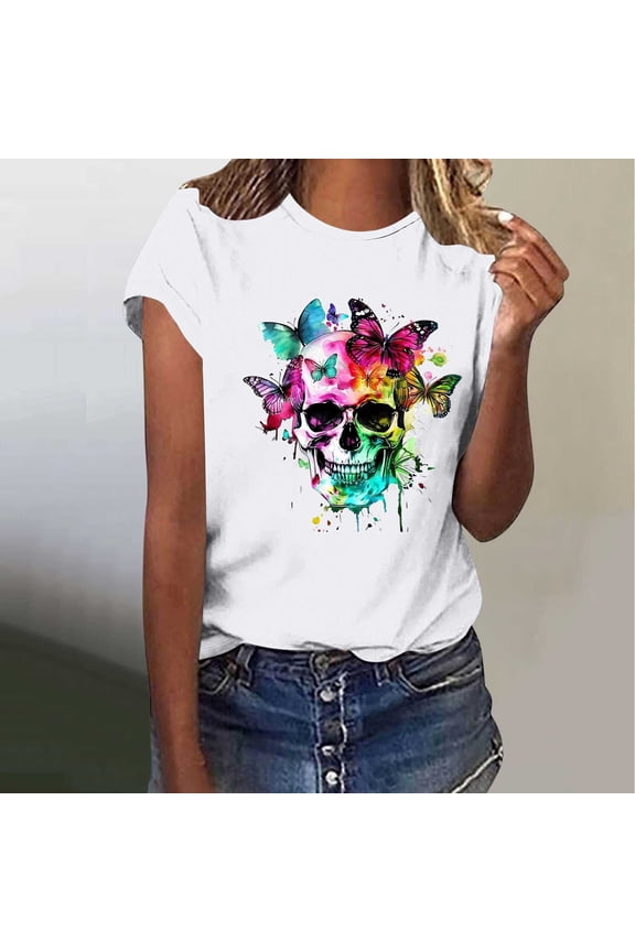 Skull Graphic Tops for Women Plus Cadancy,Short Sleeve Basic Tees,Summer Blouses Dressy Casual Plus Size,Fall Clothing,Ropa De NiñOs,L