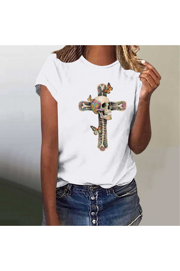Skull Graphic Tops for Women Plus Size Cadancy,Short Sleeve Tees Loose Fit,Plus Size Blouses Summer,Fall Clothing,Ropa Para NiñA,L