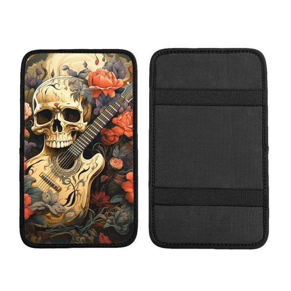 Skull Guitar Vintage Art Car Armrest Cover Center Console Pad - Neoprene Cushion with Elastic Straps Universal Fit for Vehicles SUV