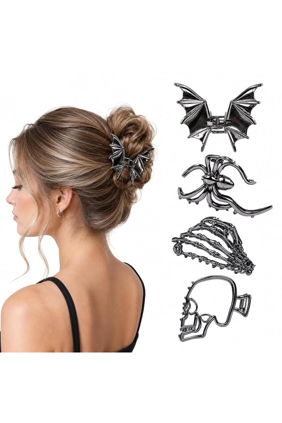 Skull Hair Claw Clips, 4-Piece Halloween Zinc Alloy Hair Clips Set For Styling, Costume Accessory For Bun Updos Half-Up Hairstyles (Black) B