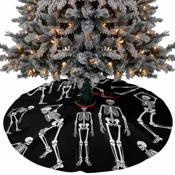 Skull Halloween Christmas Tree Skirt 36 Inches, Retro Skeleton Abstract Art Xmas Trees Skirt Mat Cover Decorations for Holiday Party Indoor Outdoor