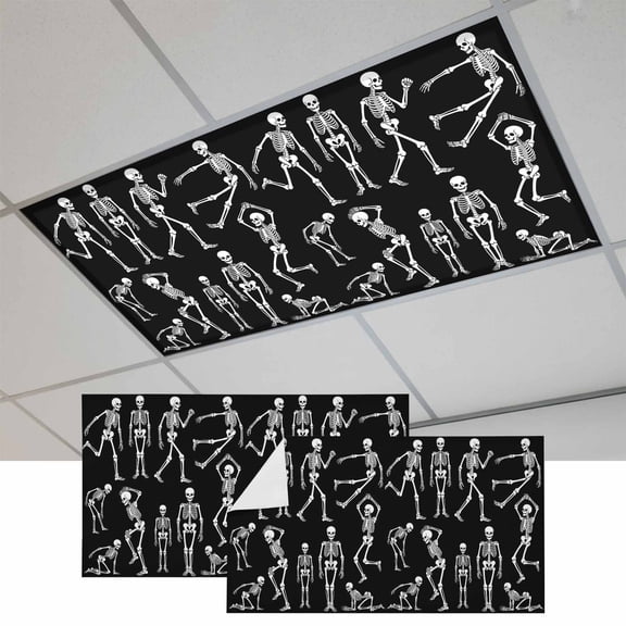Skull Halloween Fluorescent Light Covers, Retro Skeleton Abstract Art Magnetic Light Covers for Ceiling Lights, Fluorescent Ceiling Shade Filters for Classroom Bedroom Office 4x2Ft x 2PCS