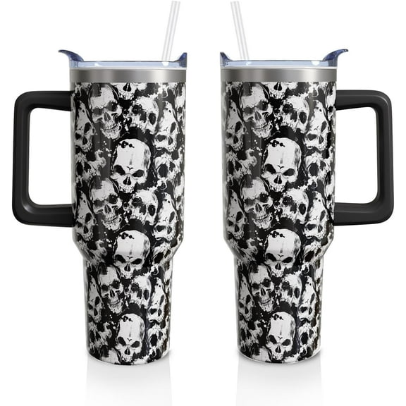 Skull Halloween Gifts for Women Men, Goth Horror Stainless Steel Insulated Travel Coffee Cup, 40 Oz Tumbler with Handle and Straw, Holiday Birthday Water Bottle (1 PC)