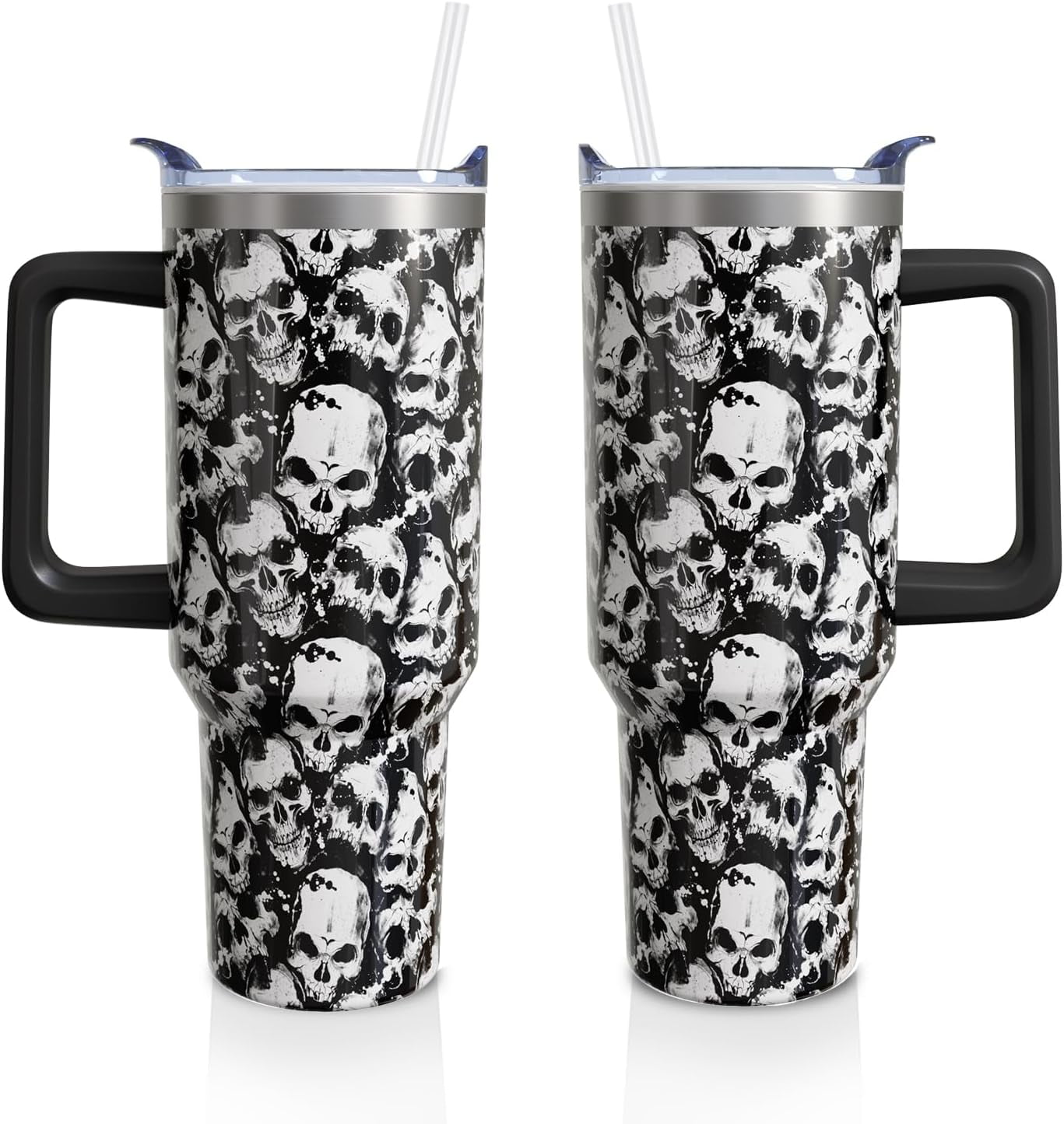 Whaline Skull Tumbler – Stainless Steel Halloween Travel Mug With Lid, Straw & Brush – Spooky Gift