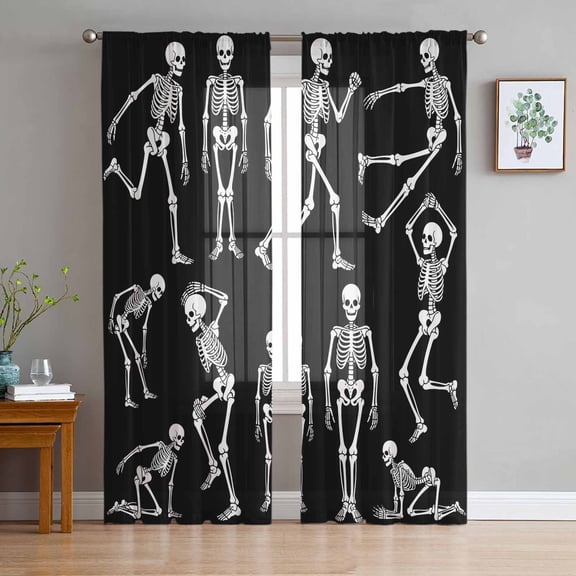 Skull Halloween Sheer Curtains 108 Inch Length 2 Panels Set for Living Room/Bedroom, Retro Skeleton Abstract Art Semi Curtain Sheers Drapes Rod Pocket Curtains Window Treatment Set 52''x108''x2