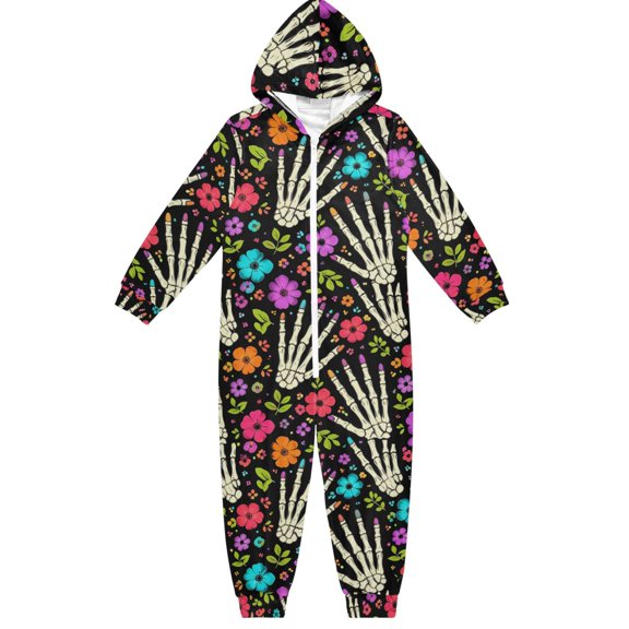 Skull Hand Flower Boys & Girls Hooded One-Piece Pajamas Warm Crystal velvet Hooded Long Sleeve Loungewear Jumpsuit Unisex