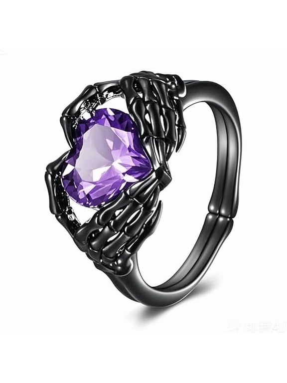 Skull Hand Heart Ring Sterling Silver Halloween Rings Goth Claddagh Jewelry Birthday Gifts Birthday for Women Men (Amethyst,5)