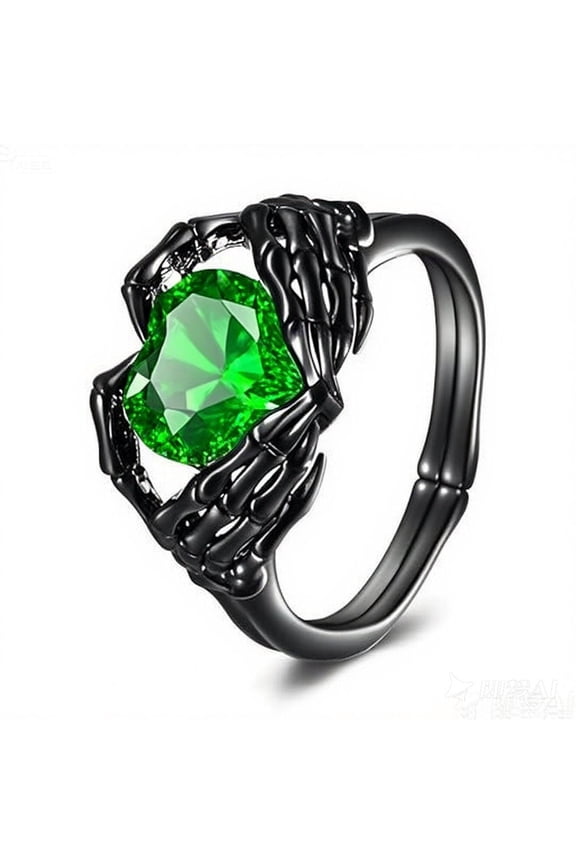 Skull Hand Heart Ring Sterling Silver Halloween Rings Goth Claddagh Jewelry Birthday Gifts Birthday for Women Men (emerald, 7)
