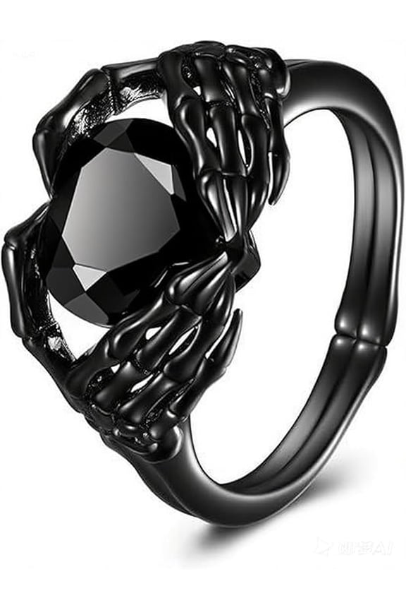 Skull Hand Heart Ring Sterling Silver Halloween Rings Goth Claddagh Jewelry Birthday Gifts Birthday for Women Men (dark crystal, 9)