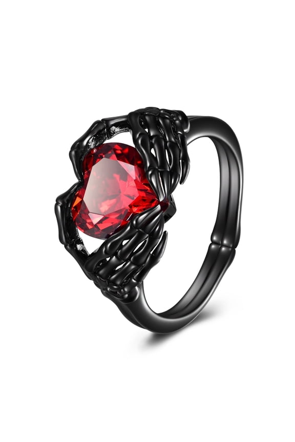 Skull Hand Heart Ring Sterling Silver Halloween Rings Goth Claddagh Jewelry Birthday Gifts Birthday for Women Men (Ruby, 8)