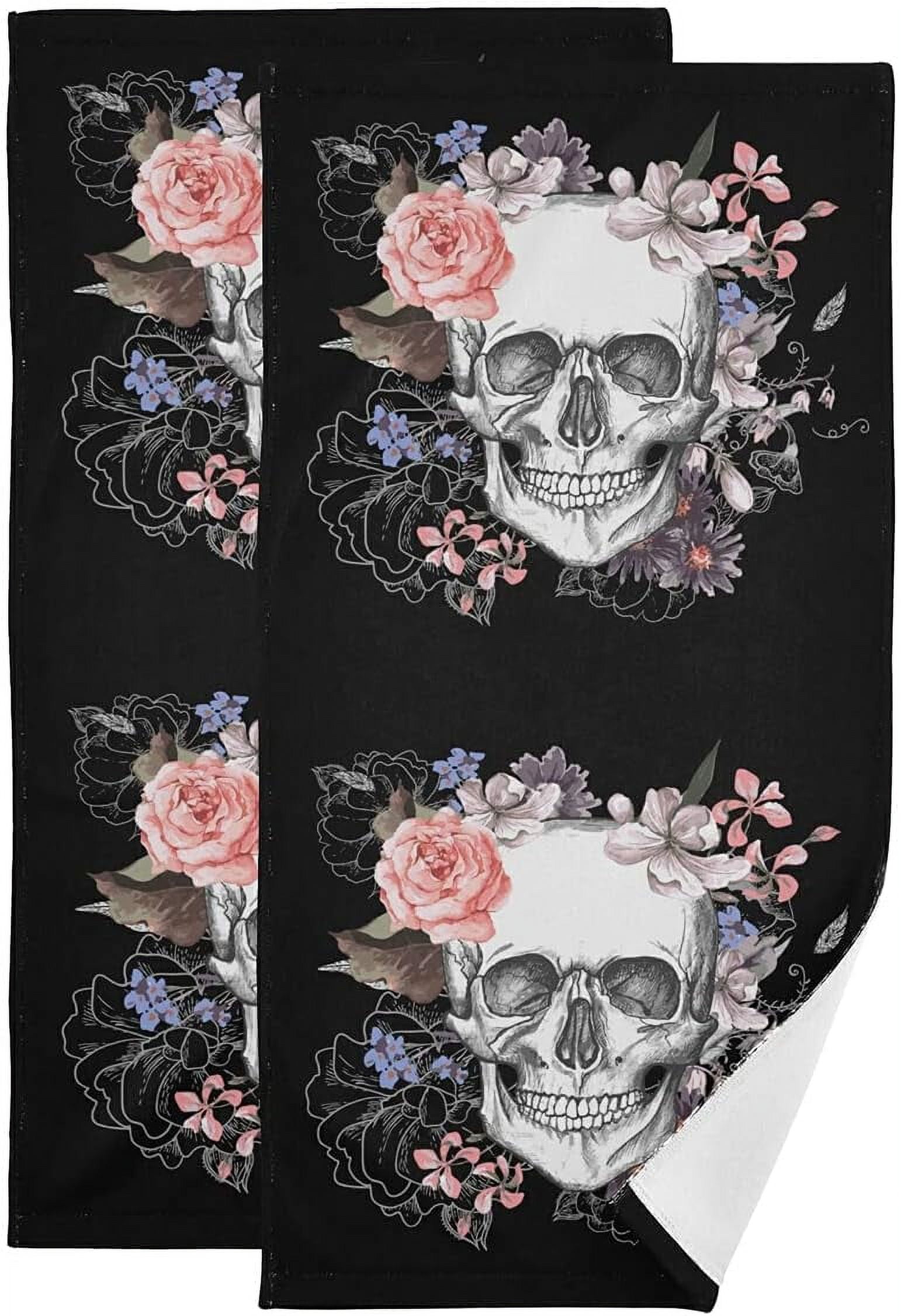 Skull Hand Towel Set of 2, Soft Halloween Bath Towels Absorbent Pink Rose Floral Fingertip Towel Fast Drying Black Face Towel for Bathroom Kitchen Yoga Gym Spa Decor 28.3x14.4 Inch