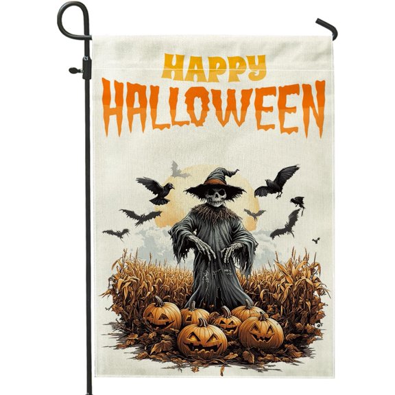 Skull Happy Halloween Scarecrow Garden Flag, Orange Cornfield Skeleton Outdoor Decor Fall Flags, Double Sided Burlap Yard Flag Holiday Lawn Decoration 12x18 Inch