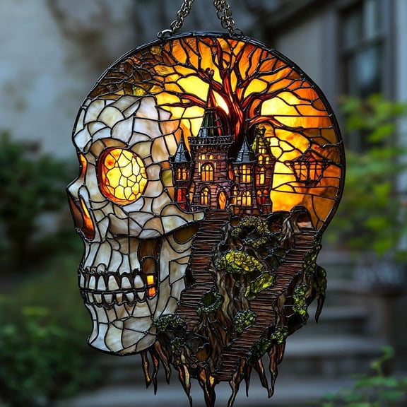 Skull Haunted House Acrylic Suncatcher - Gothic Faux Stained Acrylic Window Hanging Halloween Decor