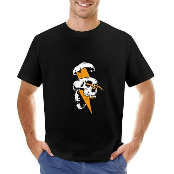 Skull Head And Lightning Death Calling Vintage T-shirt Mens Cotton Classic Crewneck Short Sleeve Tees Unisex Black 3XL