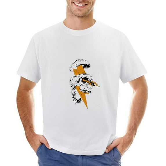 Skull Head And Lightning Death Calling Vintage T-shirt Mens Cotton Classic Crewneck Short Sleeve Tees Unisex White M