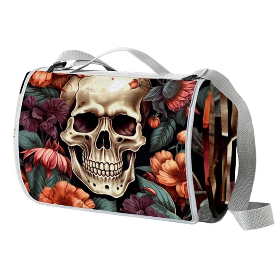 Skull Head Canvas Picnic Blankets- Waterproof Outdoor Blanket for Picnic & Beach, Extra Large Size, Portable & Foldable, Durable & Easy to Clean Material for Family & Friends Gathering.