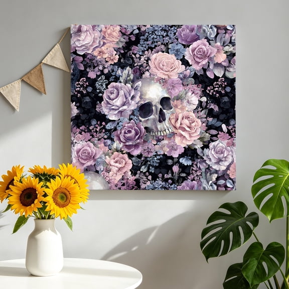 Skull Head Canvas Wall Art, Pink Rose Purple Flower Vintage Leaf Horror Framed Canvas Wall Decor Picture Print Artwork Decorations for Living Room Office Ready to Hang 10" x 10"