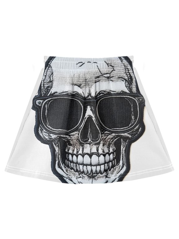 Skull Head Cotton Skirt Built-in Liner Elastic A-Line Flared Skirt with Pockets