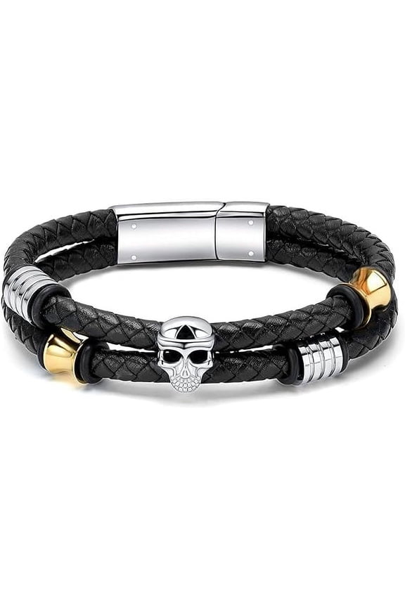 Skull Head Cremation Jewelry Skull Urn Bracelet for Ashes Keepsake Memorial Bangle Braided Leather Wristband Cremation Bracelet for Men Women 20-24CM