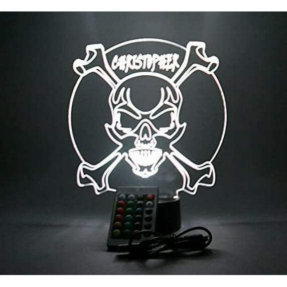 Skull Head Crossbones Night Light Up Desk Table Lamp LED Personalized Name Engraved Home Room Decor, Our Newest Feature - It's Wow, with Remote, 16 Colors, Free Engraved, Great Gift