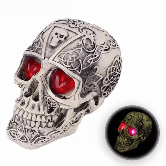 Skull Head with LED Light Up Glowing Eyes Night Light Resin Human Skull Sculpture Bone Prop Horror House Party Ornament for Halloween Bar Table Decor Holiday Birthday
