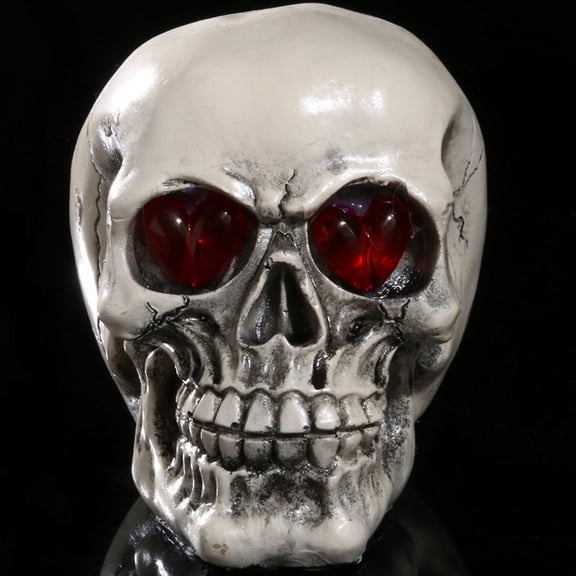 Skull Head with LED Light Up Glowing Eyes Night Light Resin Human Skull Sculpture Bone Prop Horror House Party Ornament for Halloween Bar Table Decor Holiday Birthday