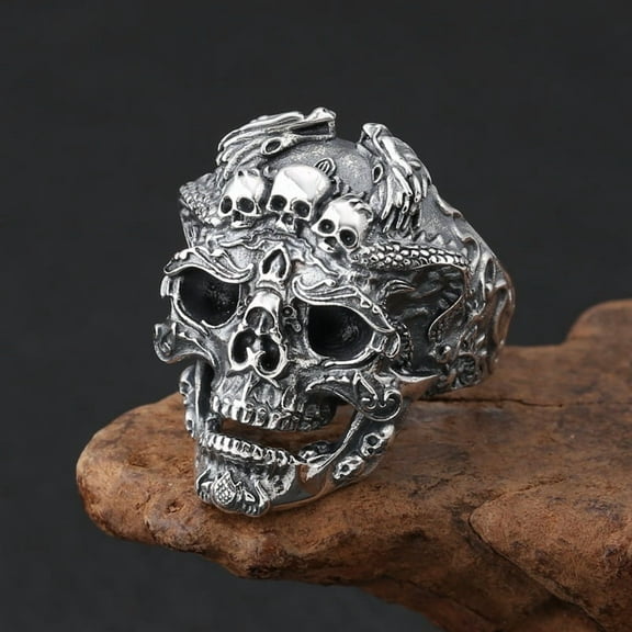 Skull Head Ring For Men, Vintage Silver Black Cool Gothic Death Skull Ring, Vintage Adjustable Vintage Adjustable Ring Christmas Skull Ring Jewelry Gifts for Women Men