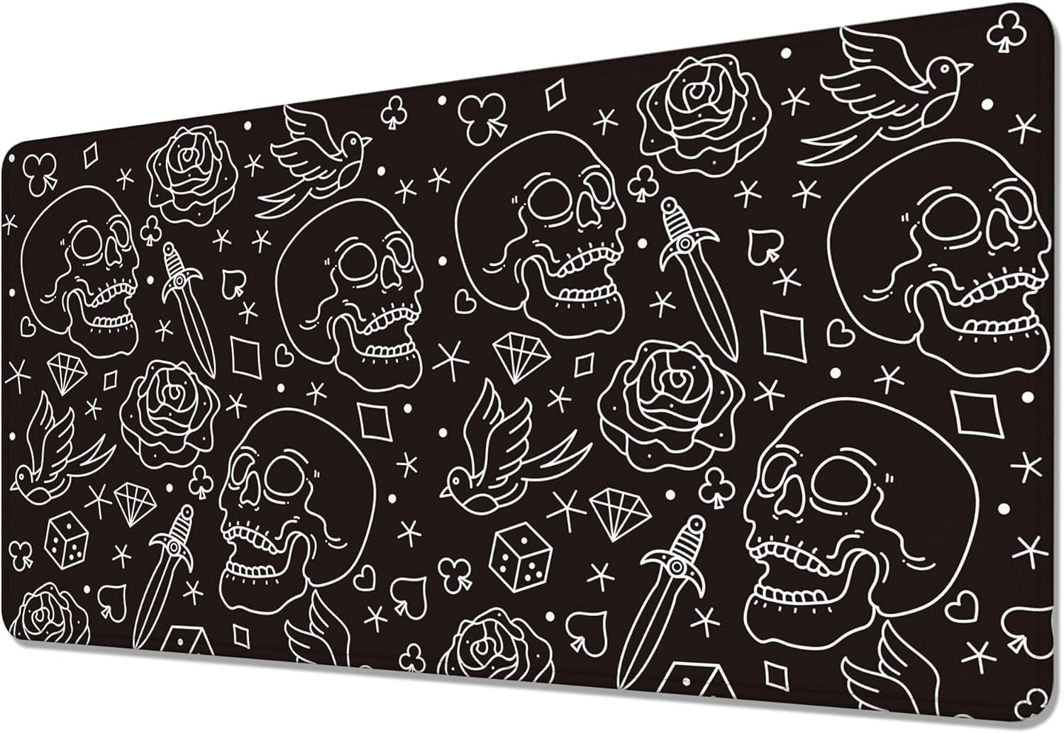 Skull Head with Rose Desk Mat,Large Gaming Mouse Pad,Non-Slip Rubber Base Mousepad with Stitched Edges,Waterproof Mouse Mat Desk Pad for Work, Game, Office (31.5x15.7 in)
