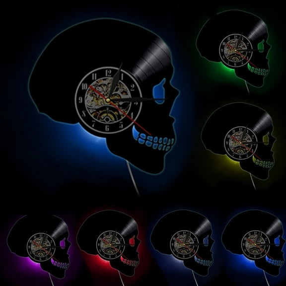 Skull Head Silhouette Wall Clock Skeleton Head Vinyl Record Wall Clock Halloween Horror Death Bone Home Decor Skull Wall Art