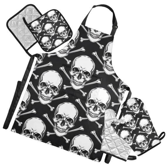 Skull Head and Crossbones 5 Pcs Kitchen Set Heat Resistant Oven Mitts and Non-Slip Pot Holders with Adjustable Cooking Apron